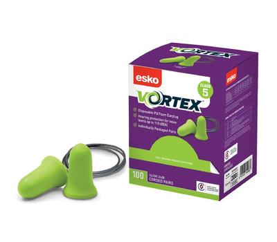 image of Esko Vortex earplugs, hi-vis green, bell-shaped, box 100 corded pairs