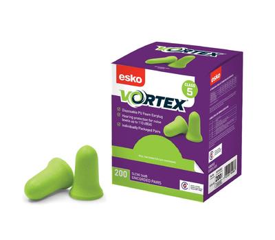 image of Esko Vortex earplugs, hi-vis green, bell-shaped, box 200 uncorded pairs