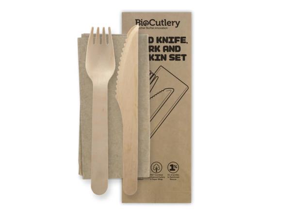 product image for Biopak 16cm Wood Knife, Fork & Napkin Set